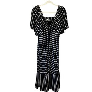 Rhea & Thea Striped Knit Midi Dress Black White Flutter Sleeve Empire Waist